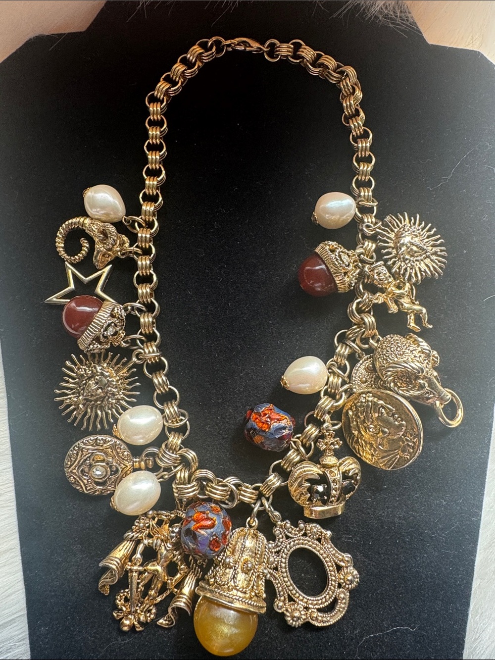 Vintage Gold-Tone Charms  Necklace with Pearls and Gemstone Accents